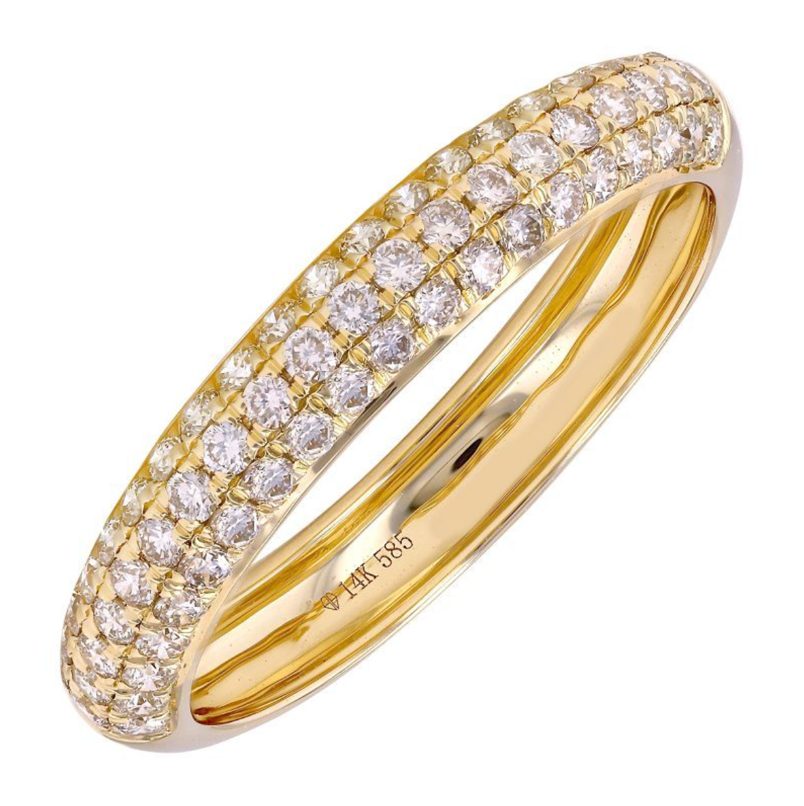A 14k yellow gold eternity ring featuring three rows of round-cut diamonds on the outer band, shown on a plain white background. The inner band is engraved with '14K 585'.