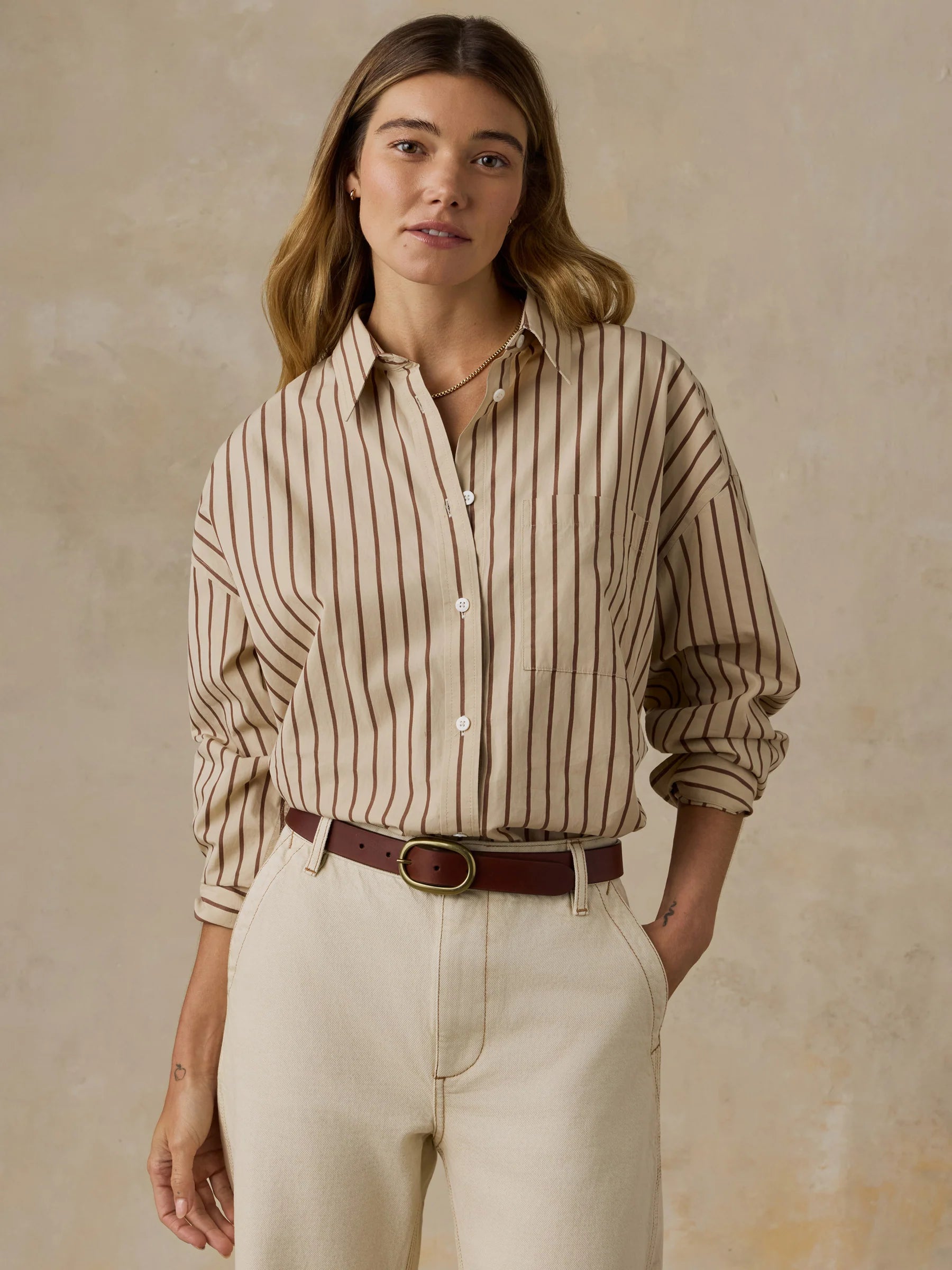 Coastal Poplin Relaxed Shirt - Drift Sand Stripe