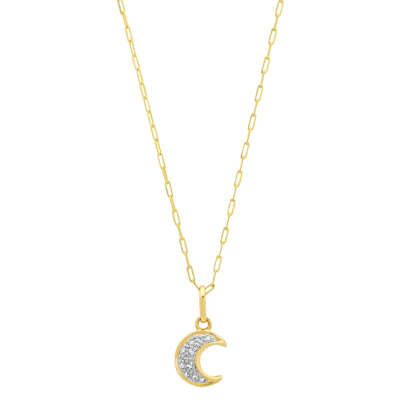 A solid 14k gold chain necklace with a crescent moon pendant adorned with small diamonds.