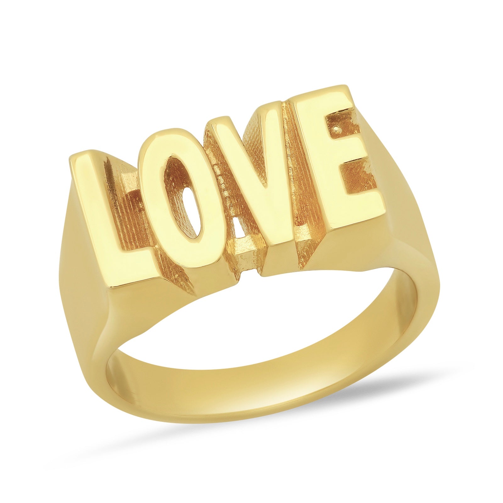 A sterling silver plated in 14k yellow gold ring with the word 'LOVE' engraved on the top in bold letters.