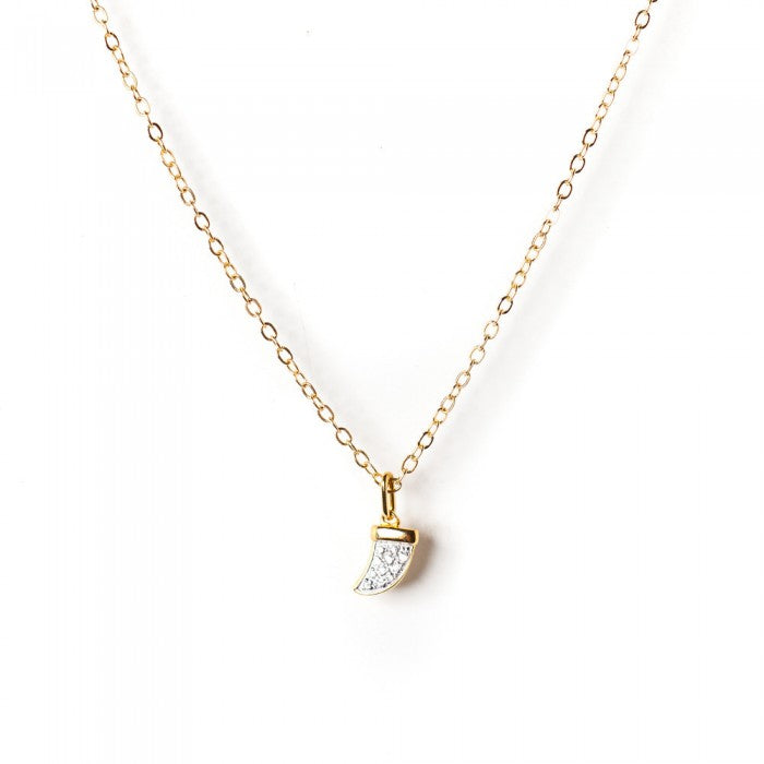 A solid 14k gold necklace with a diamond horn pendant on a white background.